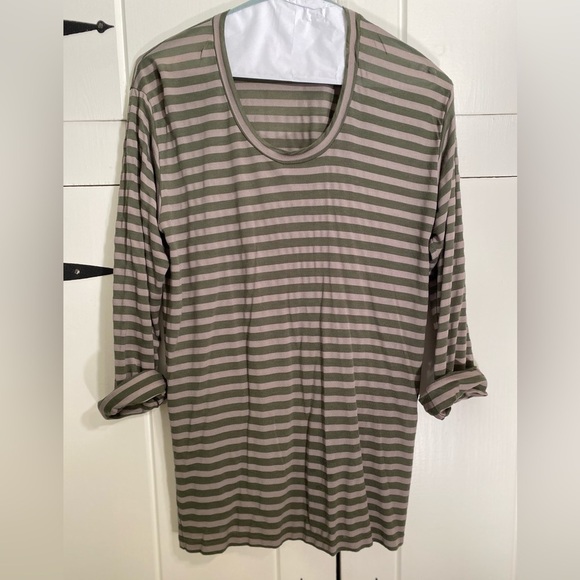 Kain Label olive green & taupe strip long sleeve t-shirt, rolled up 3/4 sleeve - Picture 1 of 4